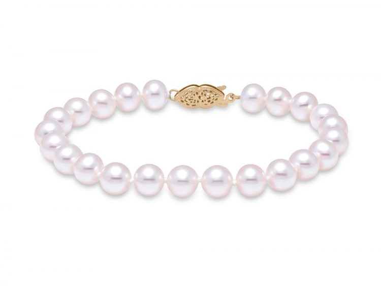 MASTOLONI - 14K Yellow Gold 7-7.5MM White Round "A" Quality Freshwater Pearl Strand 7 Inches