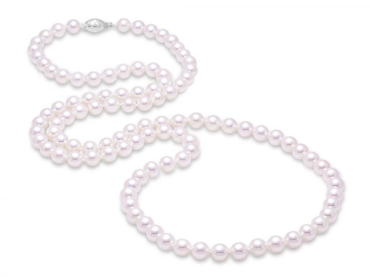 MASTOLONI - 18K White Gold 7-7.5MM White Round "A" Quality Akoya Pearl Strand 30 Inches