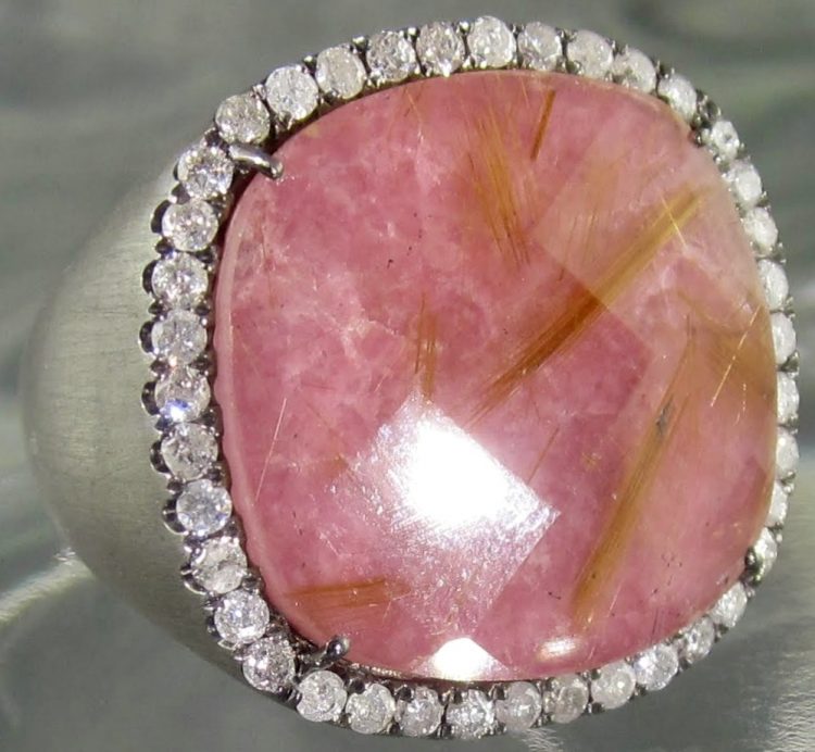 Black Pink Rhodonite Cushion Diamond Frame Ring