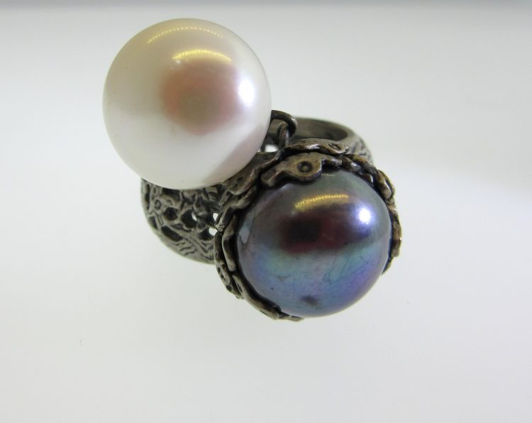 Two-Pearl Black & White Ring