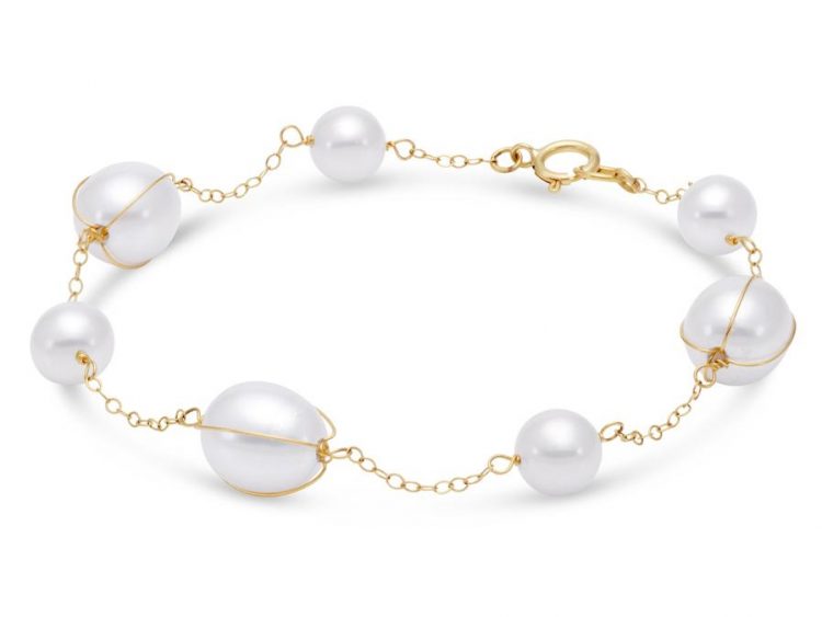 MASTOLONI - 14K Yellow Gold 6-8.5MM White Potato Shaped Freshwater Pearl Bracelet 7.5 Inches