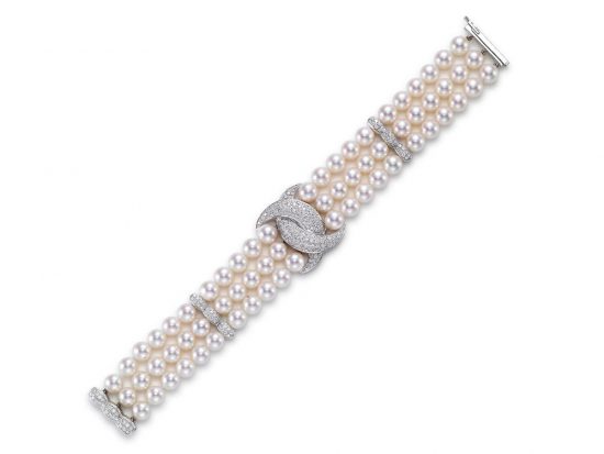 MASTOLONI - 18K White Gold 7-7.5MM White Round Cultured Pearl Bracelet with 196 Diamonds 2.36 TCW 7 Inches