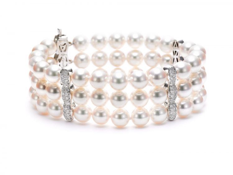 MASTOLONI - 18K White Gold 7-7.5MM White Round Cultured Pearl Bracelet with 96 Diamonds 1.08 TCW 7 Inches