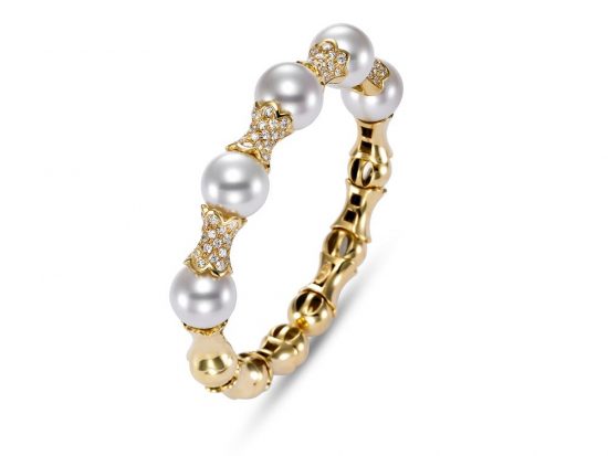 MASTOLONI - 18K Yellow Gold 12-13MM White Round South Sea Pearl Bracelet with 96 Diamonds 2.10 TCW