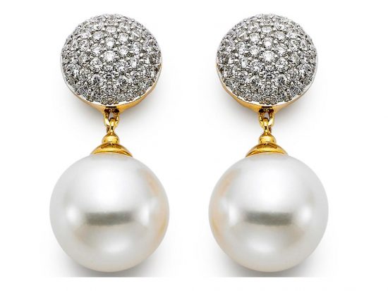 MASTOLONI - 18K White Gold 11-11.5MM White Round Cultured Pearl Earring with 114 Diamonds 0.87 TCW