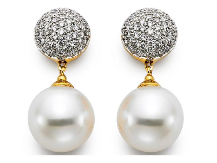 MASTOLONI - 18K White Gold 11-11.5MM White Round Cultured Pearl Earring with 114 Diamonds 0.87 TCW