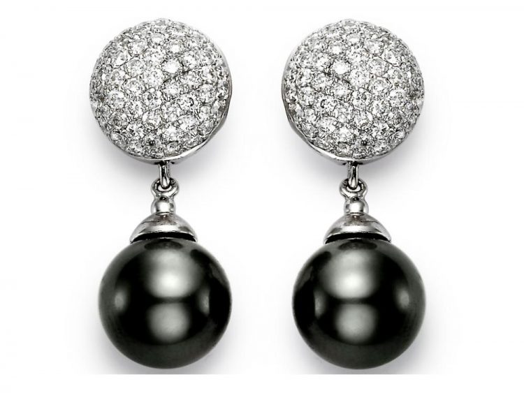 MASTOLONI - 18K White Gold 10.5-11MM Black Round Tahitian Pearl Earring with 114 Diamonds 0.87 TCW