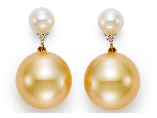 MASTOLONI - 18K Yellow Gold 10-11MM Golden Round South Sea Pearl Earring with 2 Diamonds 0.04 TCW