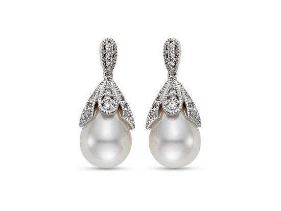 MASTOLONI - 18K White Gold 9-9.5MM White Drop Shaped Cultured Pearl Earring with 24 Diamonds 0.24 TCW