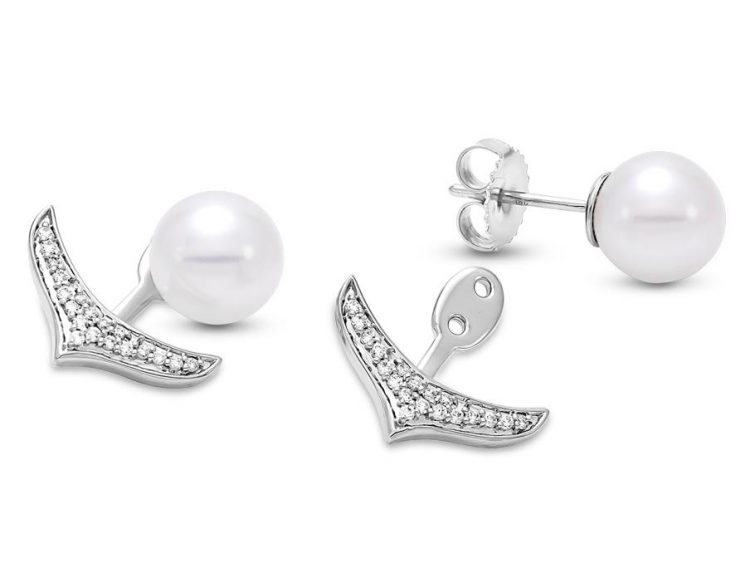 MASTOLONI - 18K White Gold 8.5-9MM White Round Cultured Pearl Push Back Earring with 38 Diamonds 0.20 TCW