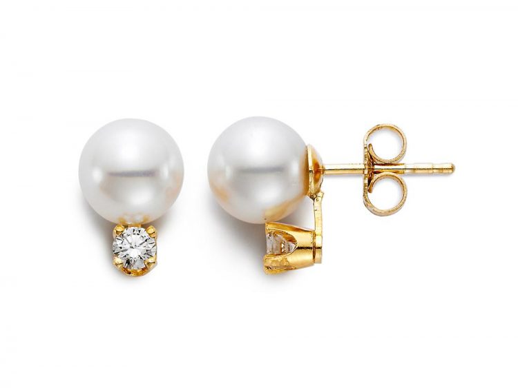 MASTOLONI - 14K Yellow Gold 5.5-6MM White Round "A2" Quality Akoya Pearl Earring with 2 Diamonds 0.08 TCW