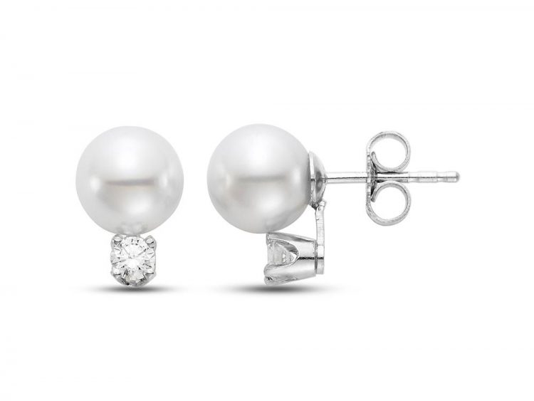 MASTOLONI - 14K White Gold 5.5-6MM White Round "A2" Quality Akoya Pearl Earring with 2 Diamonds 0.08 TCW