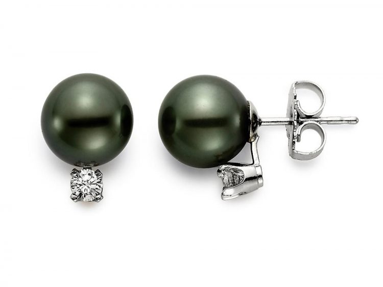 MASTOLONI - 18K White Gold 9-9.5MM Black Round Tahitian Pearl Earring with 2 Diamonds 0.25 TCW