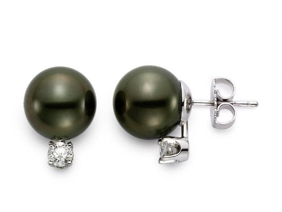 MASTOLONI - 18K White Gold 11-11.5MM Black Round Tahitian Pearl Earring with 2 Diamonds 0.40 TCW