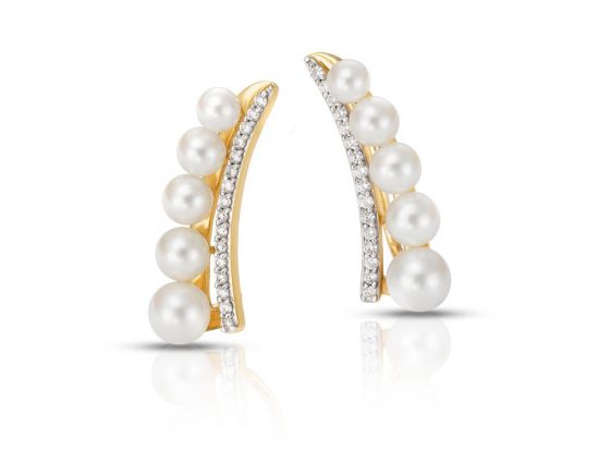 MASTOLONI - 18K Yellow Gold 3-5.5MM White Round Cultured Pearl Earring with 32 Diamonds 0.25 TCW