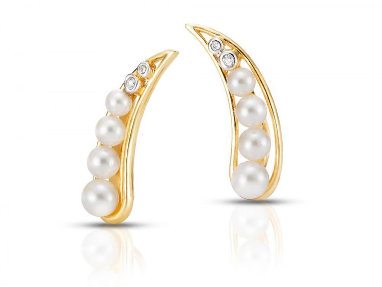 MASTOLONI - 18K Yellow Gold 3-5MM White Round Cultured Pearl Earring with 4 Diamonds 0.032 TCW