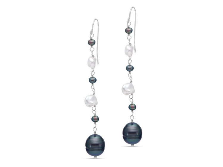 MASTOLONI - 14K White Gold 3.5-9MM Multicolor Black & White Keshi Freshwater Pearl Shepherd Hook Earring