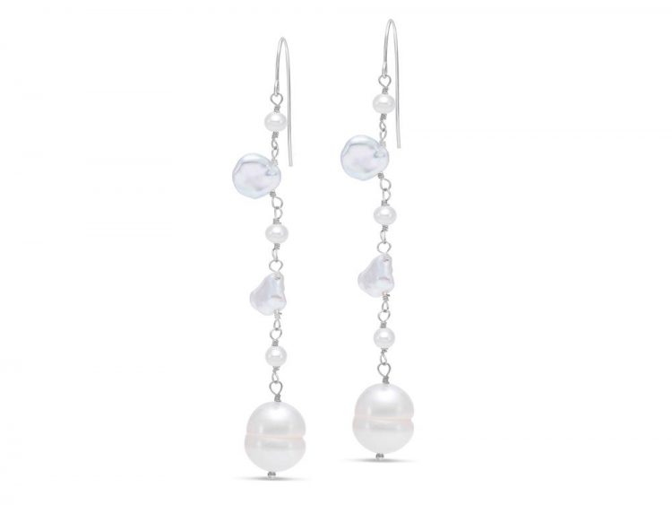 MASTOLONI - 14K White Gold 3.5-9MM White Keshi Freshwater Pearl Shepherd Hook Earring