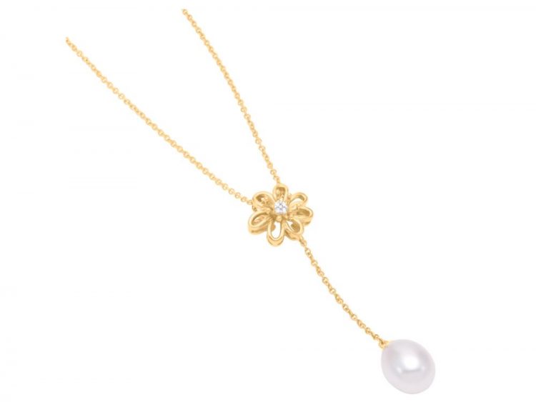 MASTOLONI - 14K Yellow Gold 7.5-8MM White Rice Shaped Freshwater Pearl Necklace with 4 Diamonds 0.02 TCW 17 Inches