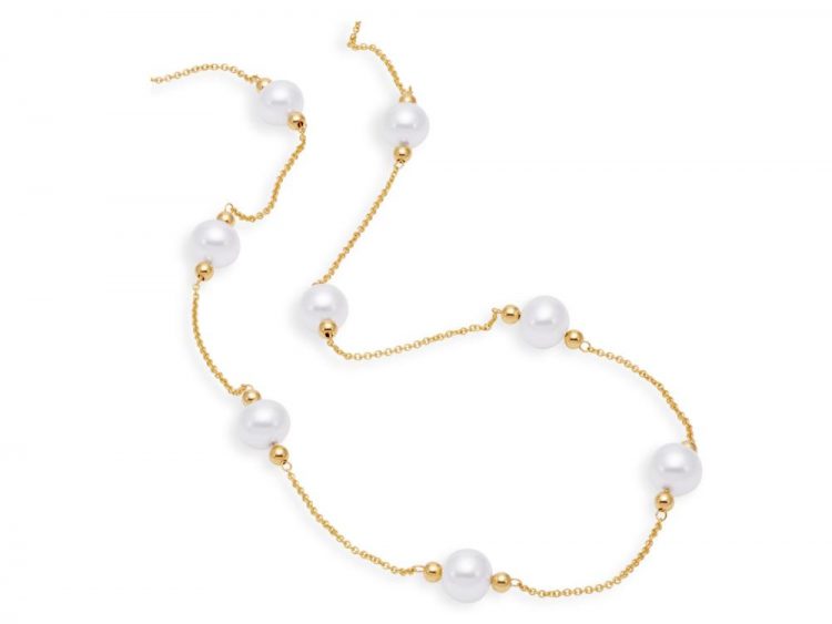 MASTOLONI - 14K Yellow Gold 7-8MM White Near Round Freshwater Pearl Necklace 18 Inches