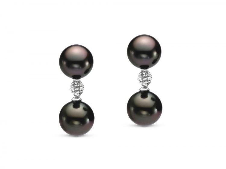 MASTOLONI - 14K White Gold 8-9MM Black Round Tahitian Pearl Earring with 8 Diamonds 0.08 TCW