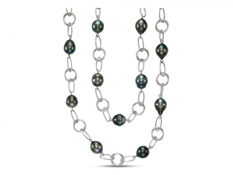 MASTOLONI - 18K White Gold 10-14MM Black Ringed Tahitian Pearl Necklace