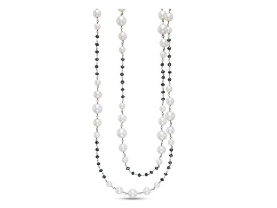 MASTOLONI - 18K White Gold 7-11MM White Round Cultured Pearl Necklace with 49 Diamonds 35.00 TCW 38-40 Inches