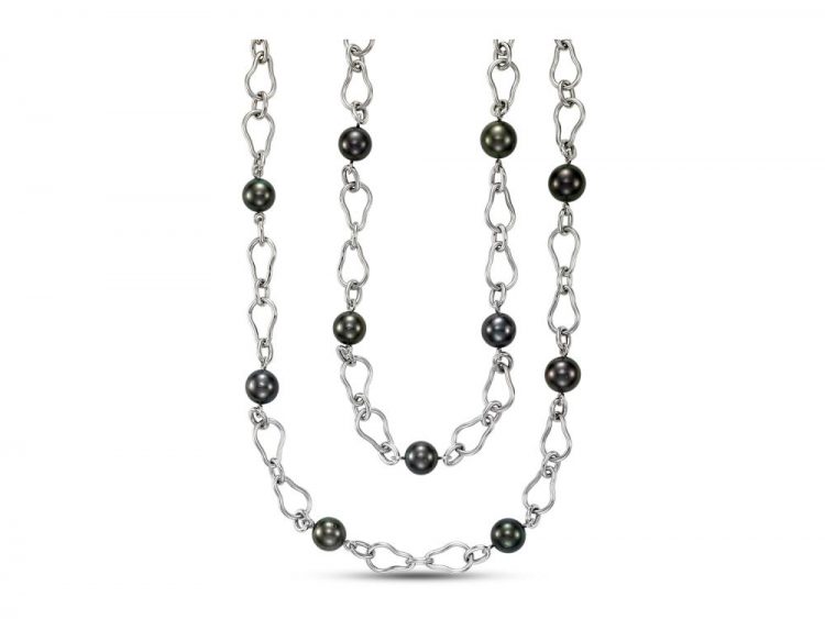 MASTOLONI - 18K White Gold 10-12MM Black Round Tahitian Pearl Necklace 32 Inches