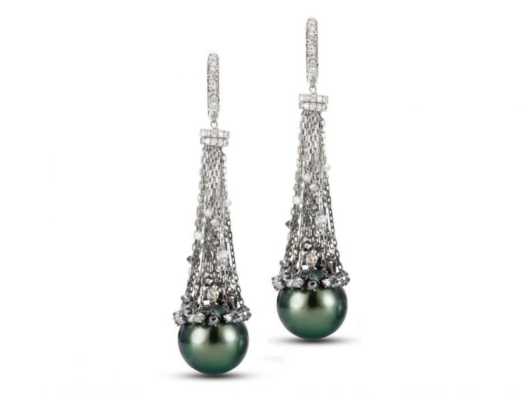 MASTOLONI - 18K White Gold 13.8-14.6MM Black Drop Shaped Tahitian Pearl Clip Back Earring with Diamonds 8.36 TCW 3 Inches