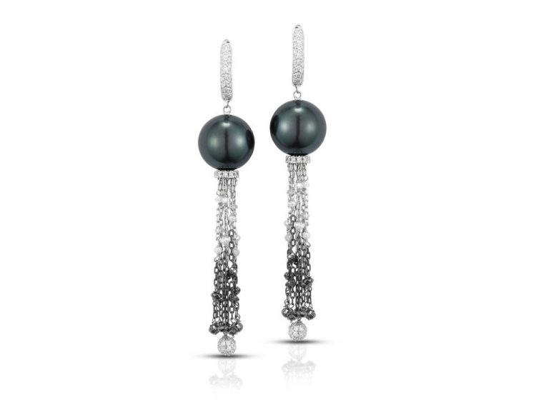 MASTOLONI - 18K White Gold 11.5MM Black Round Tahitian Pearl Clip Back Earring with Diamonds 4.00 TCW 3 Inches