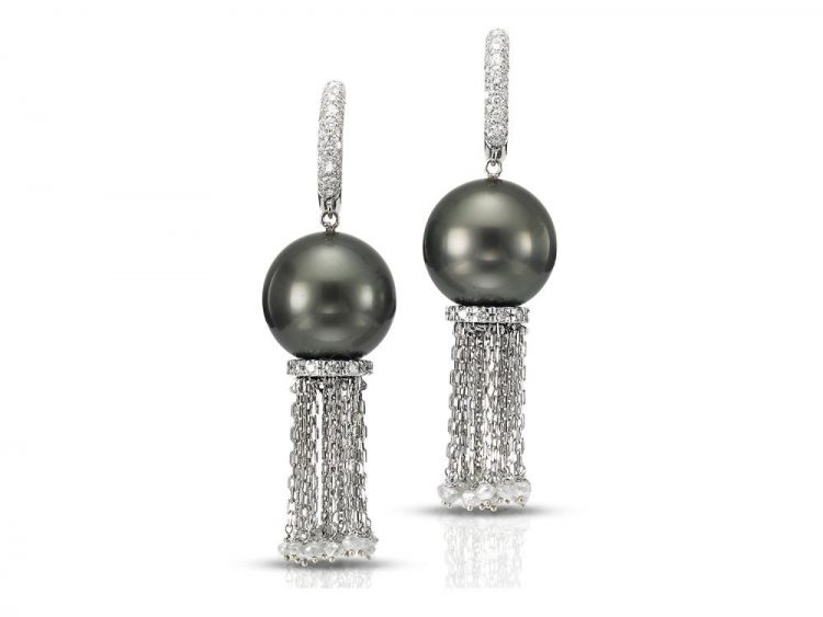 MASTOLONI - 18K White Gold 13.1MM Black Round Tahitian Pearl Clip/Lever Back Earring 3.33 TCW