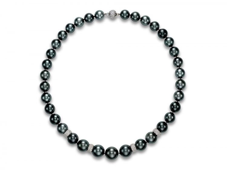 MASTOLONI - 18K White Gold 11-14.9MM Black Round Tahitian Pearl Strand with 199 Diamonds 2.60 TCW 18.25 Inches