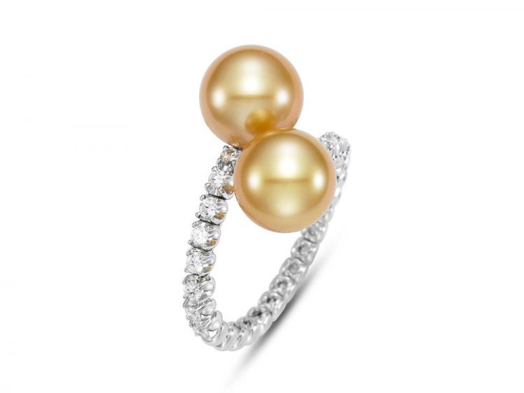 MASTOLONI - 18K White Gold 9.6MM Golden Round South Sea Pearl Ring with 14 Diamonds 0.41 TCW