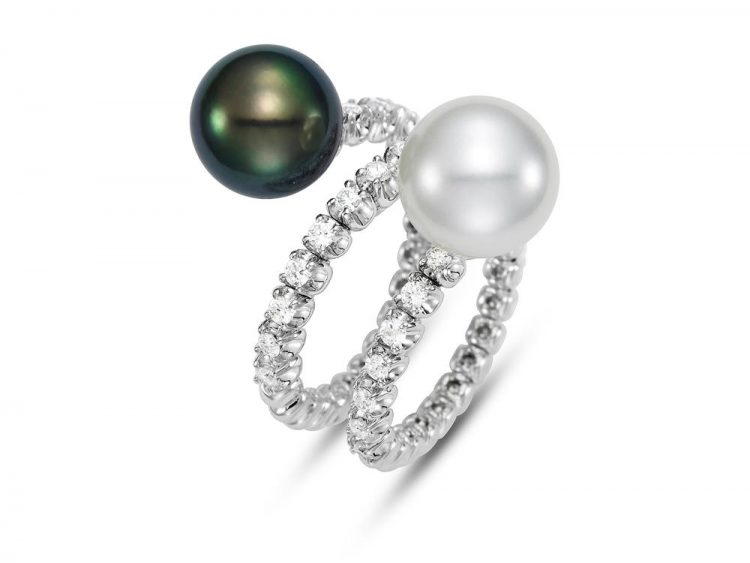 MASTOLONI - 18K White Gold 10.5MM Multicolor Black & White Round South Sea and Tahitian Pearl Ring with 27 Diamonds 0.59 TCW