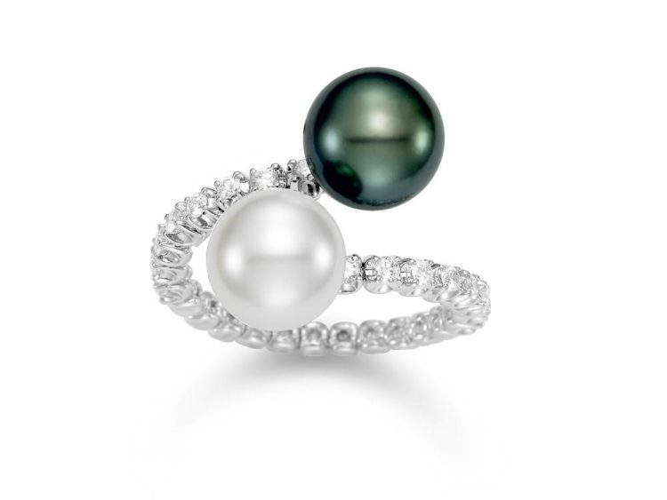 MASTOLONI - 18K White Gold 10MM Multicolor Black & White Round South Sea and Tahitian Pearl Ring with 14 Diamonds 0.41 TCW