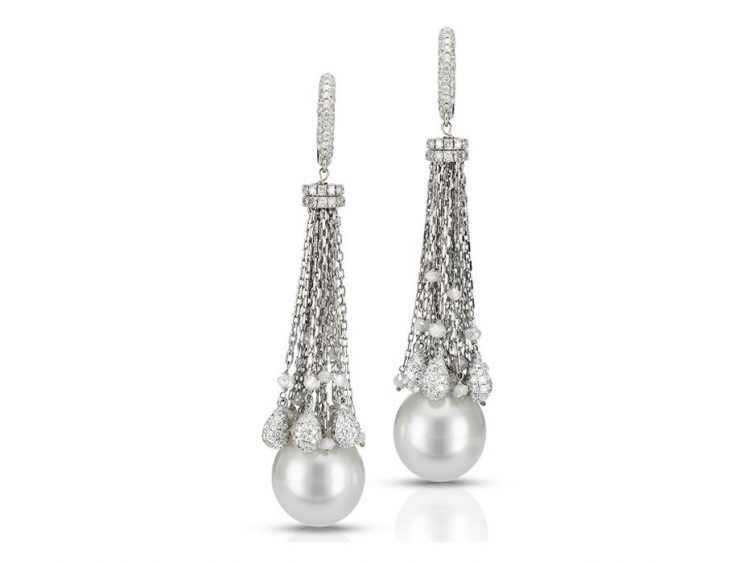 MASTOLONI - 18K White Gold 13.3-14.8MM White Oval South Sea Pearl Clip Back Earring with Diamonds 6.37 TCW 4 Inches