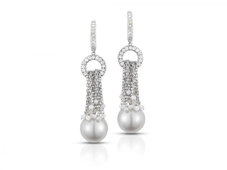 MASTOLONI - 18K White Gold 11.65MM White Round South Sea Pearl Clip Back Earring with Diamonds 2.75 TCW