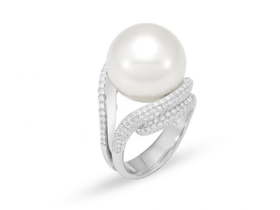 MASTOLONI - 18K White Gold 15.8MM White Round South Sea Pearl Ring with 342 Diamonds 1.73 TCW