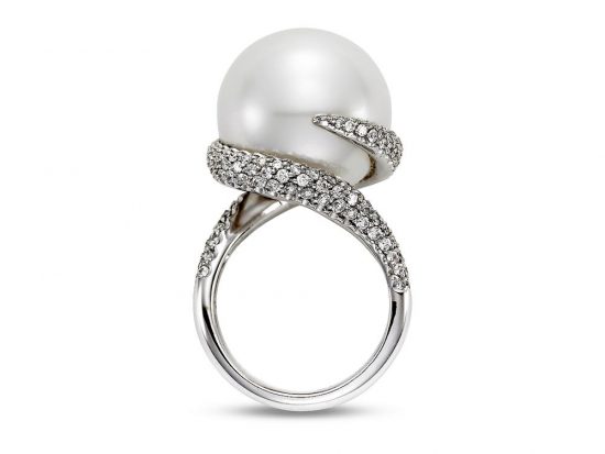 MASTOLONI - 18K White Gold 17.8MM White Round South Sea Pearl Ring 1.90 TCW